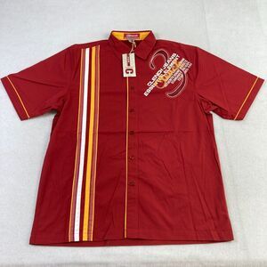 Vintage Clench Jeans Button Up Shirt Mens Large Red Short Sleeve Embroidered Y2K